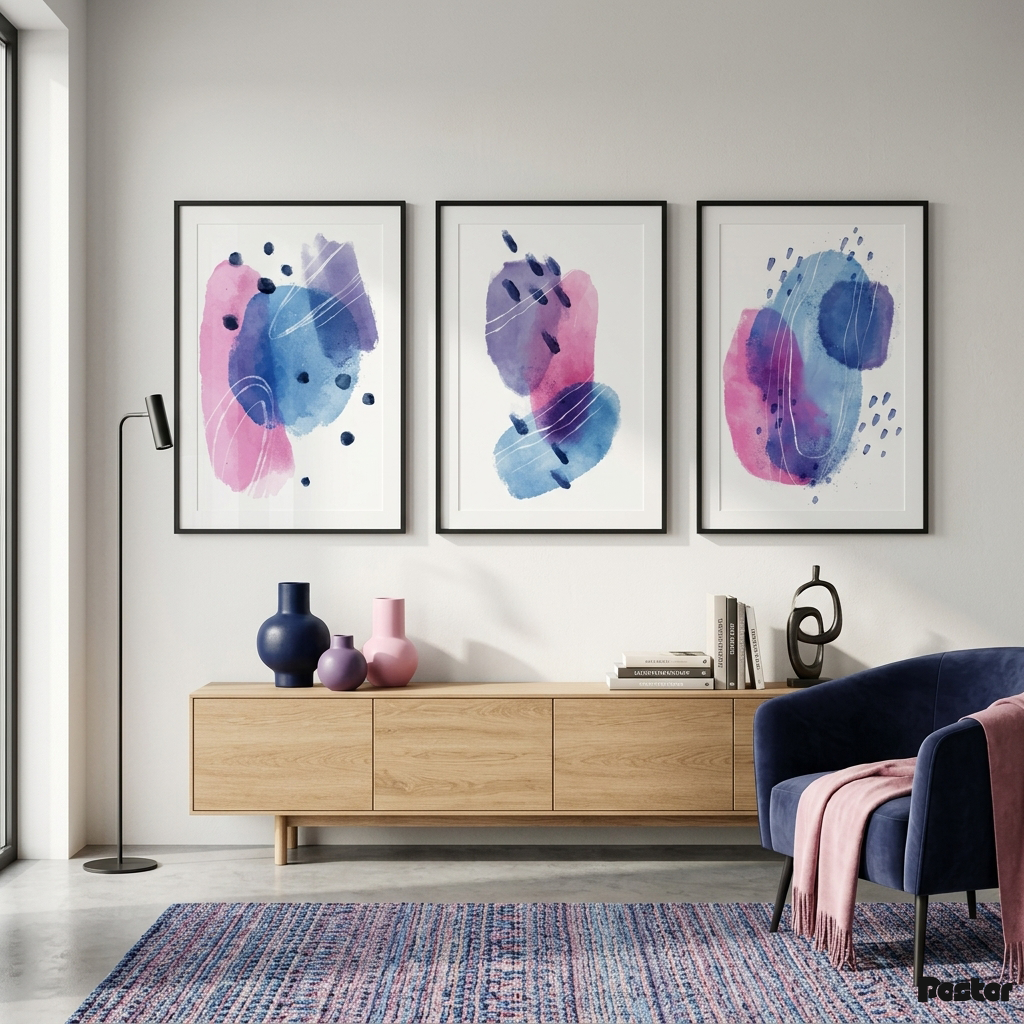 Amethyst Drift: 3-Piece Minimalist Indigo and Magenta Watercolor Set