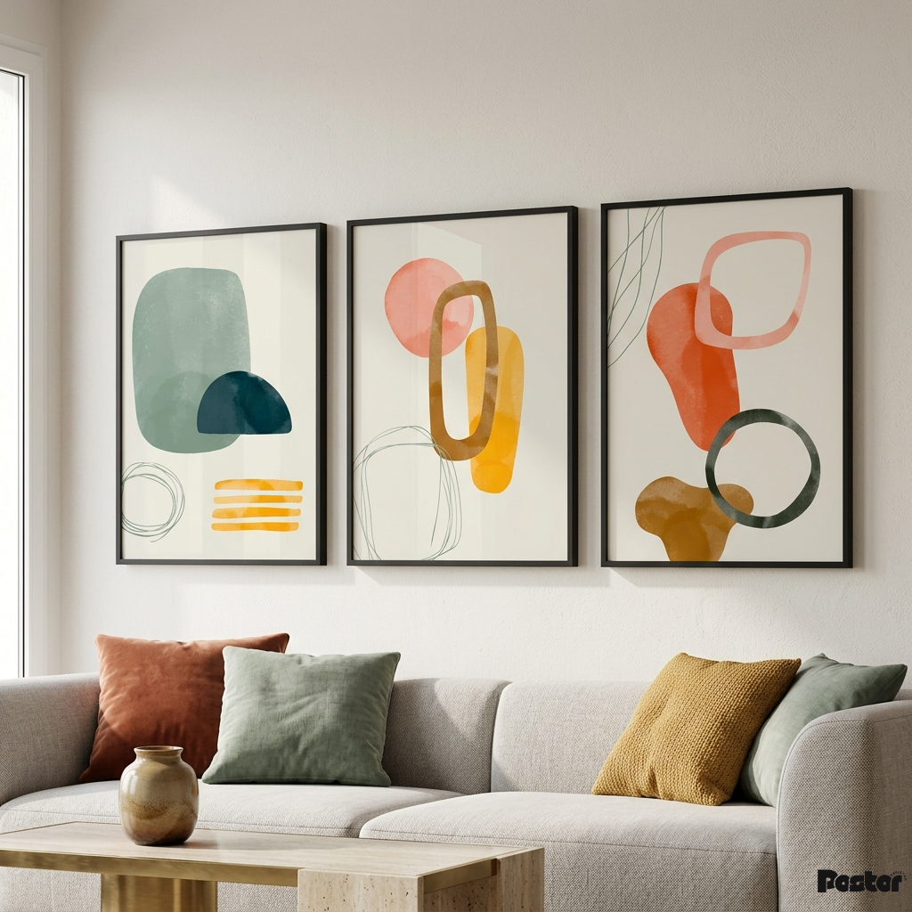 Pastel Geometry: 3-Piece Minimalist Sage and Terracotta Abstract Set
