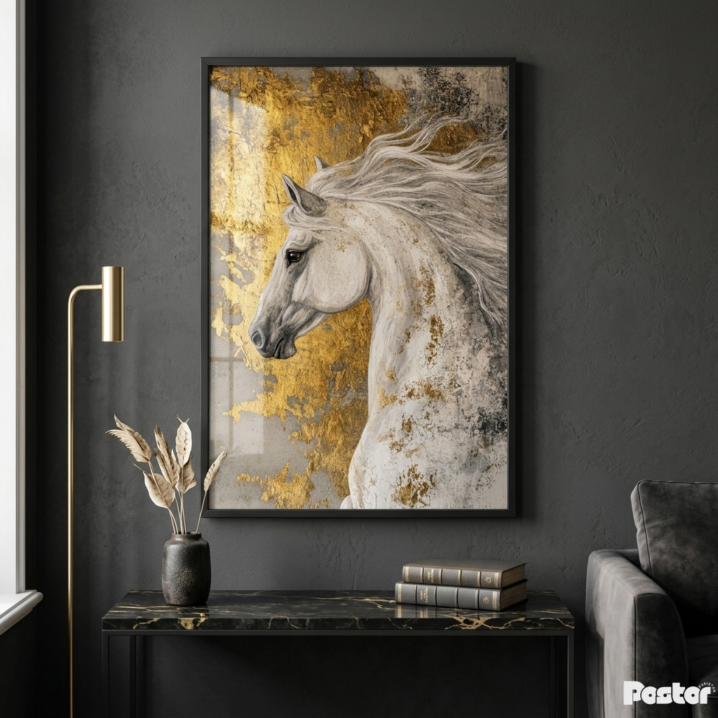 Majestic White Horse with Gold Leaf Accents Framed Poster