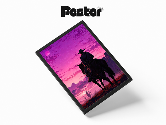 Cowboy on Horseback at Sunset Framed Art Poster - #P019