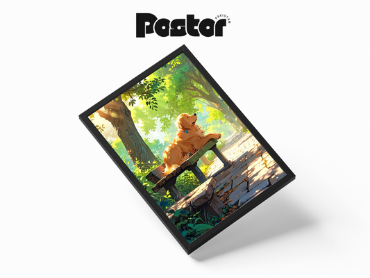 Golden Retriever on Park Bench Art Framed Poster - #P013