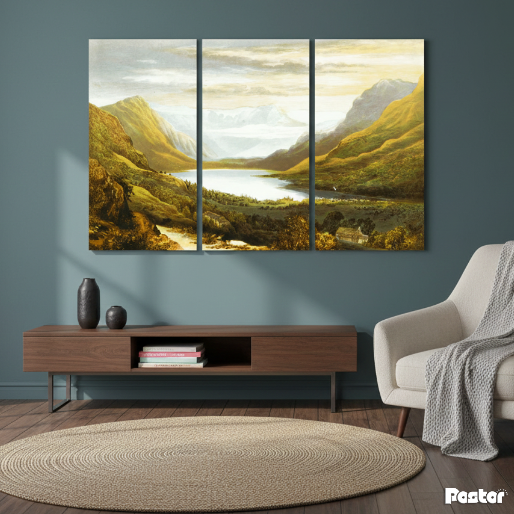 A classical mountain valley and lake landscape - 3 Panel Wall Art - #3SA004