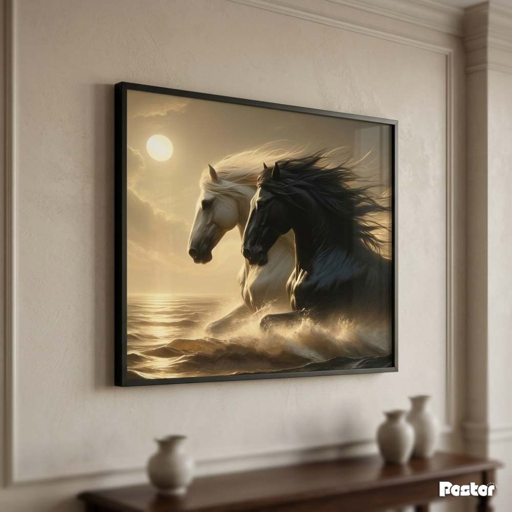 Horses Galloping Through Ocean Waves at Sunset