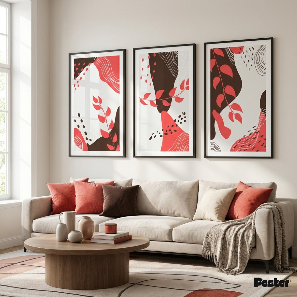 Modern living room with a beige sofa, wooden coffee table, and abstract art on the wall.