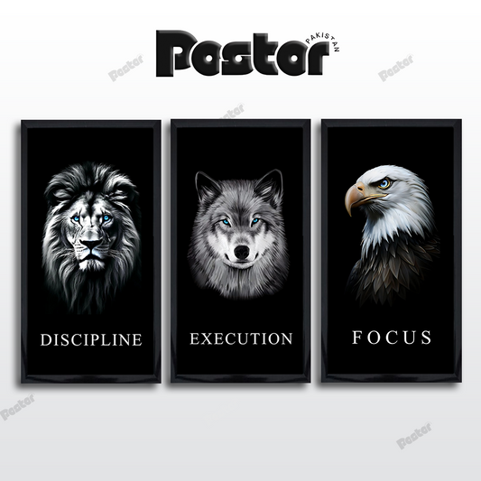 "DISCIPLINE - EXECUTION - FOCUS" Animal Motivational 3-Piece Framed Poster Set - #P037