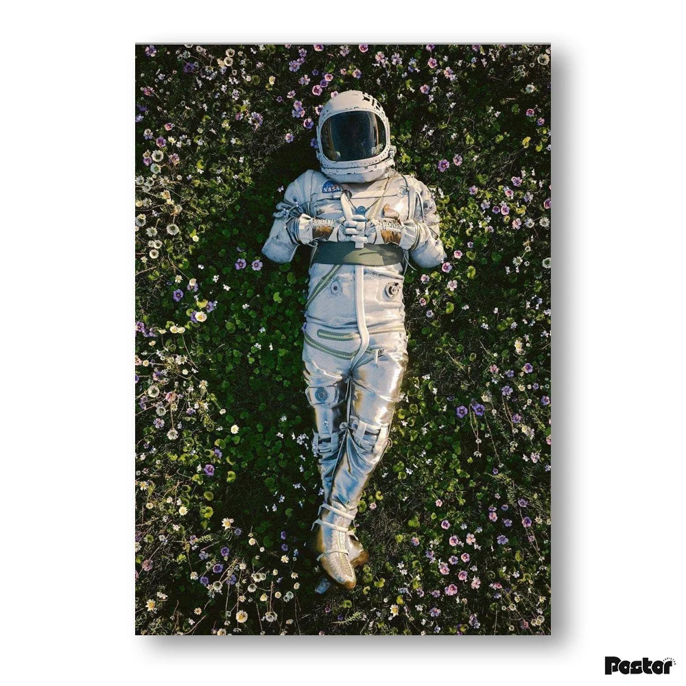Astronaut lying on grass with flowers