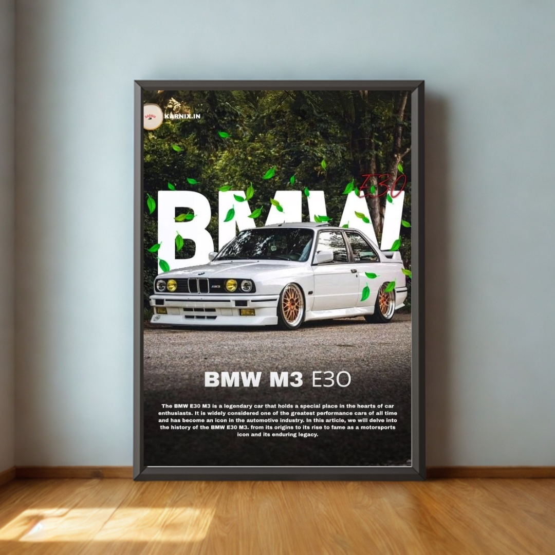Framed poster of a BMW M3 E30 on a wall with a car in the background