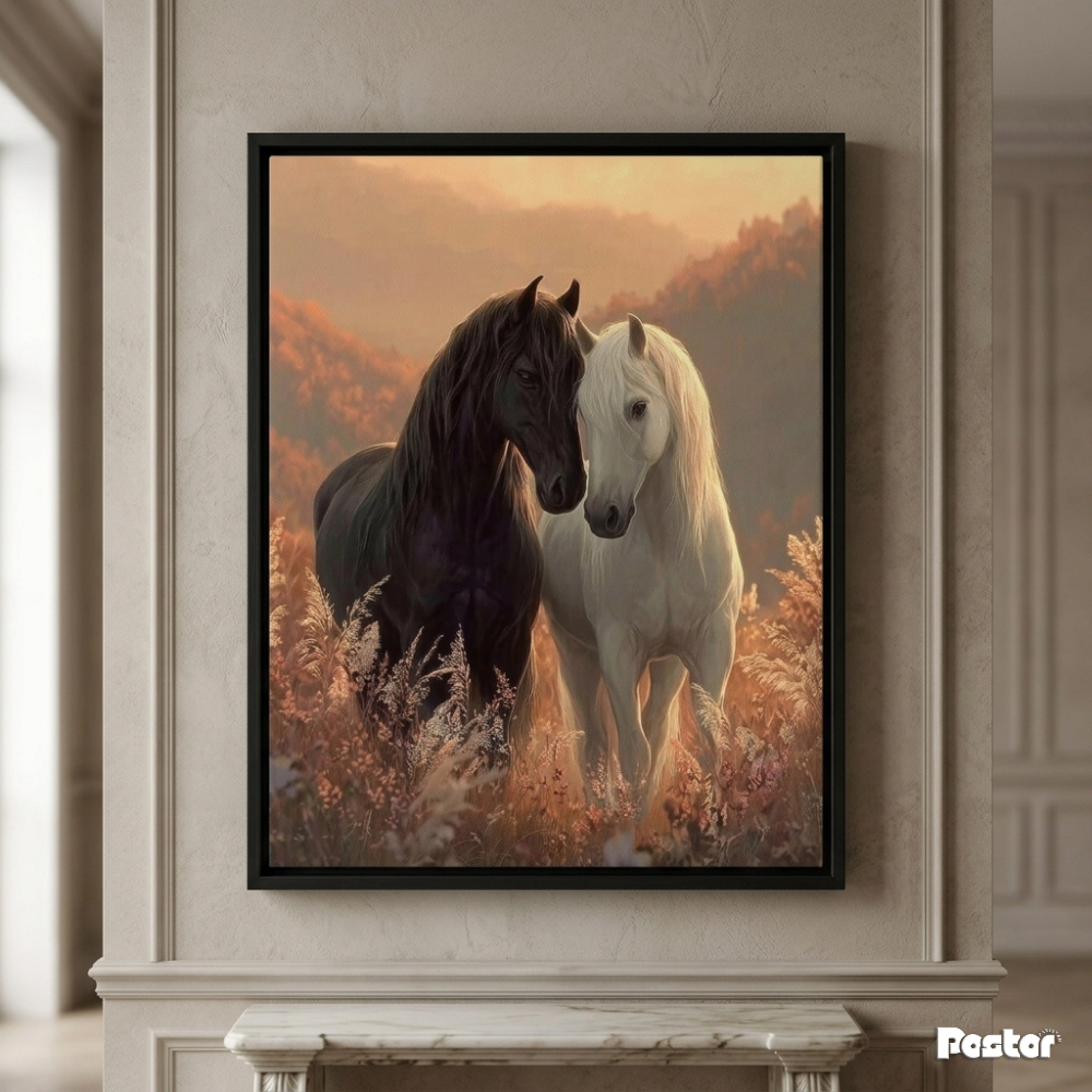 Black & White Horses by the Misty Waterfall