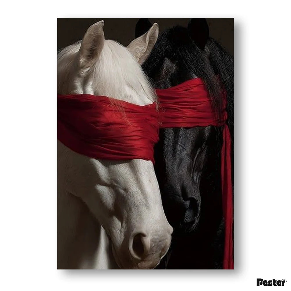 Two horses, one white and one black, with red cloths over their eyes on a dark background.