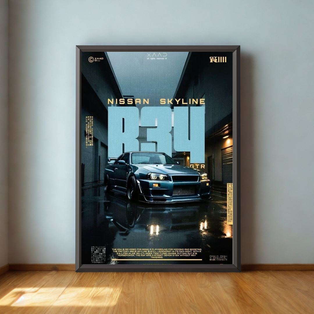 Framed poster of a Nissan Skyline car on a wall.