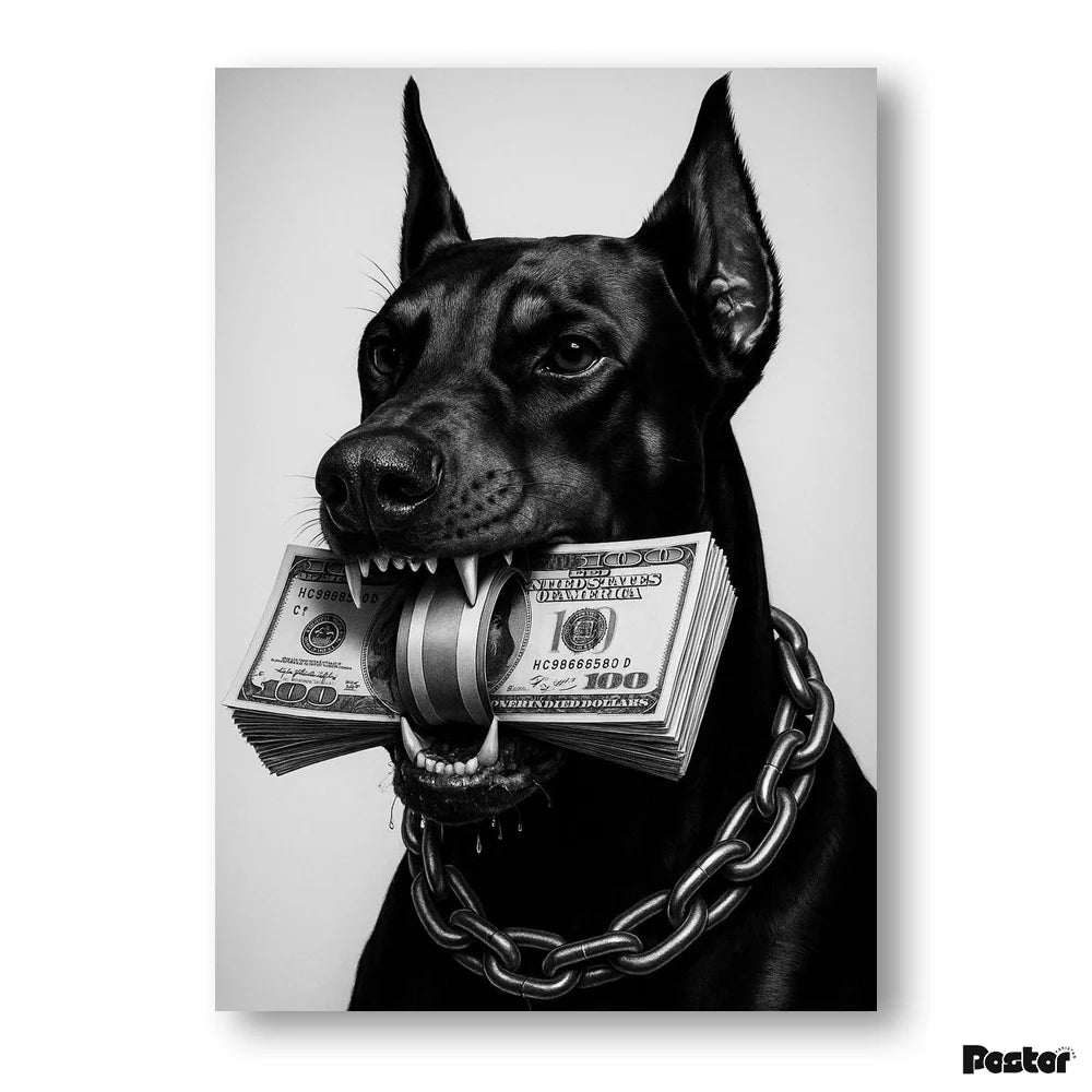 Dog holding money in its mouth with a chain around its neck on a white background