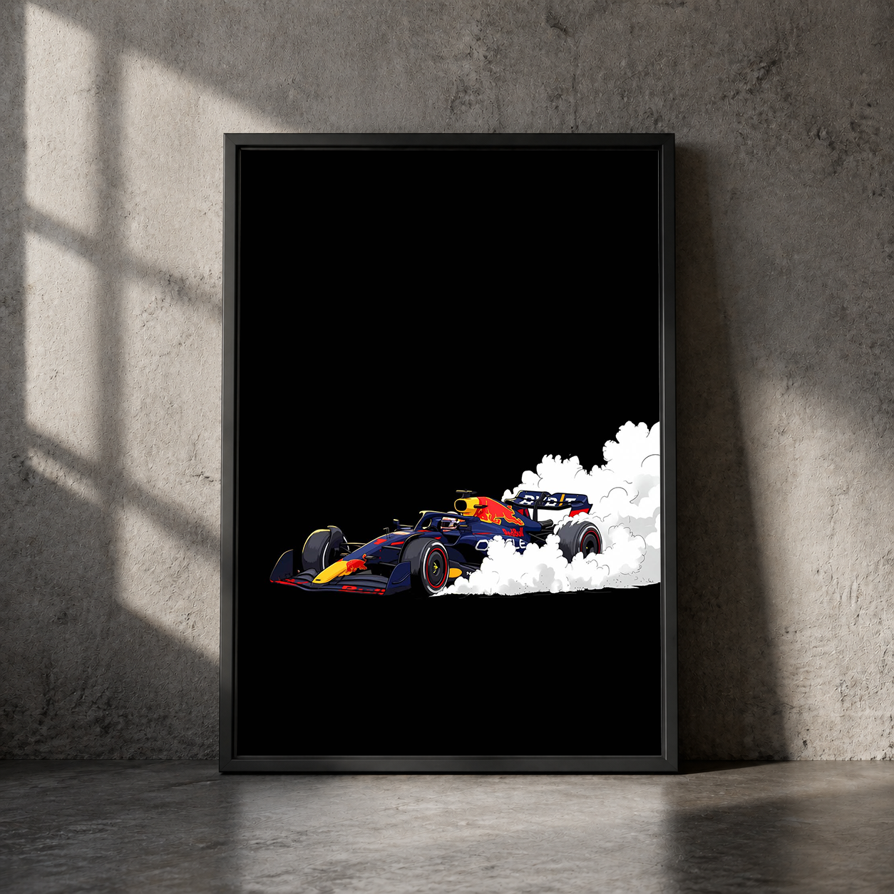 Red Bull F1 Racing Car Burning Out on Black Background