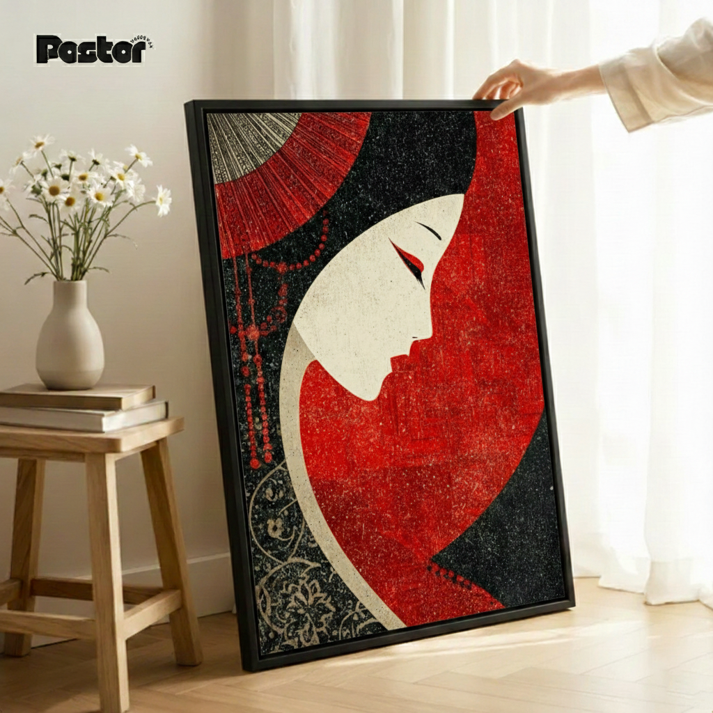 Japanese Style Geisha Profile Art Print Textured Canvas- Framed Poster #P115