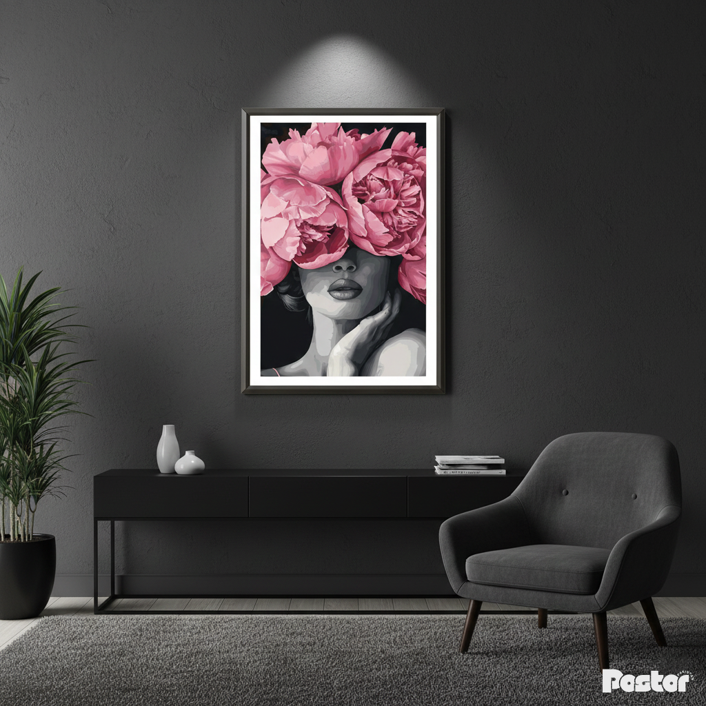 Black and White Portrait with Pink Peonies Flower Crown Art - Framed Poster #P118