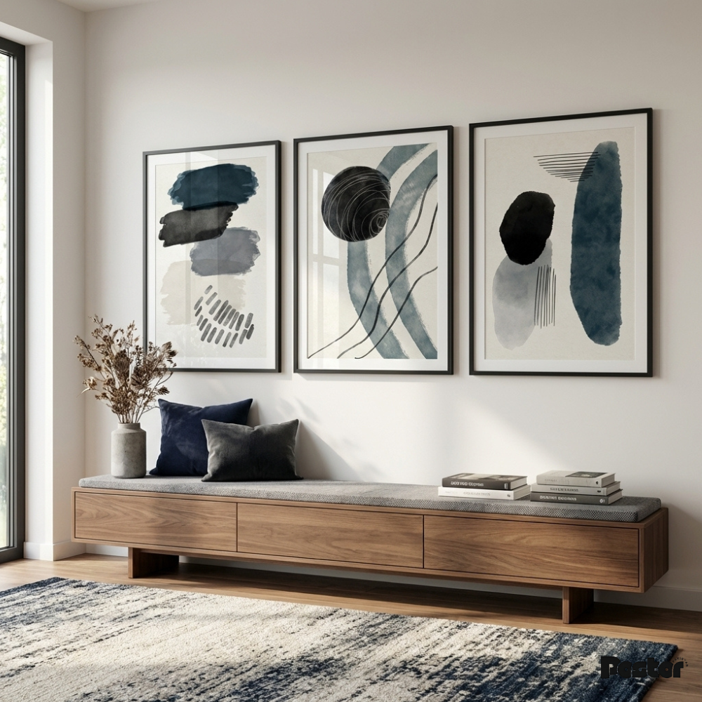 Indigo & Navy Watercolor Abstract Triptych Wall Art Set