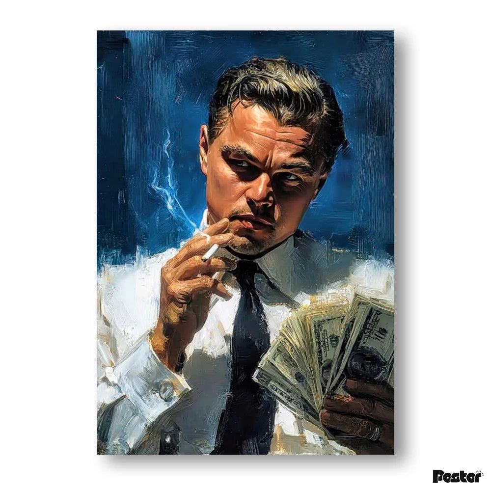 Man holding money and a cigarette against a blue background