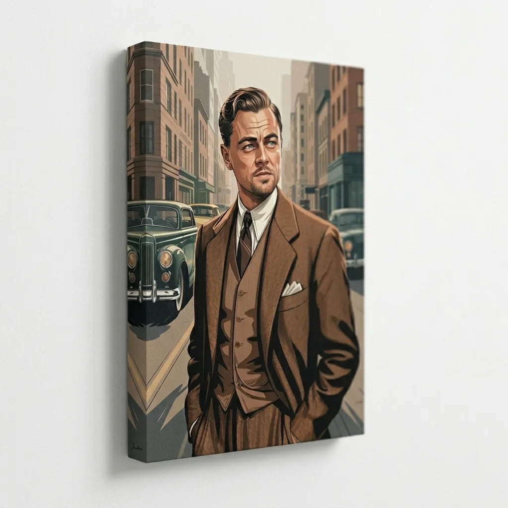 Canvas print of a man in a suit with a cityscape background