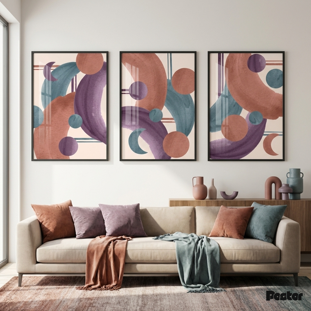 Mauve, Terracotta & Teal Watercolor Circle Wall Art Set