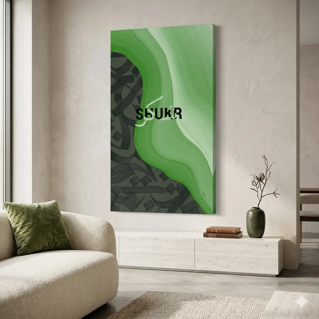 Modern living room with a green abstract painting on the wall, a couch, and a small table with a vase.