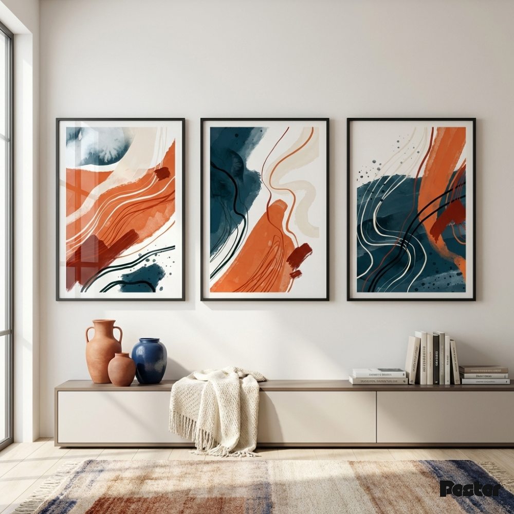 Orange & Teal Abstract Brushstroke Triptych Frames Set
