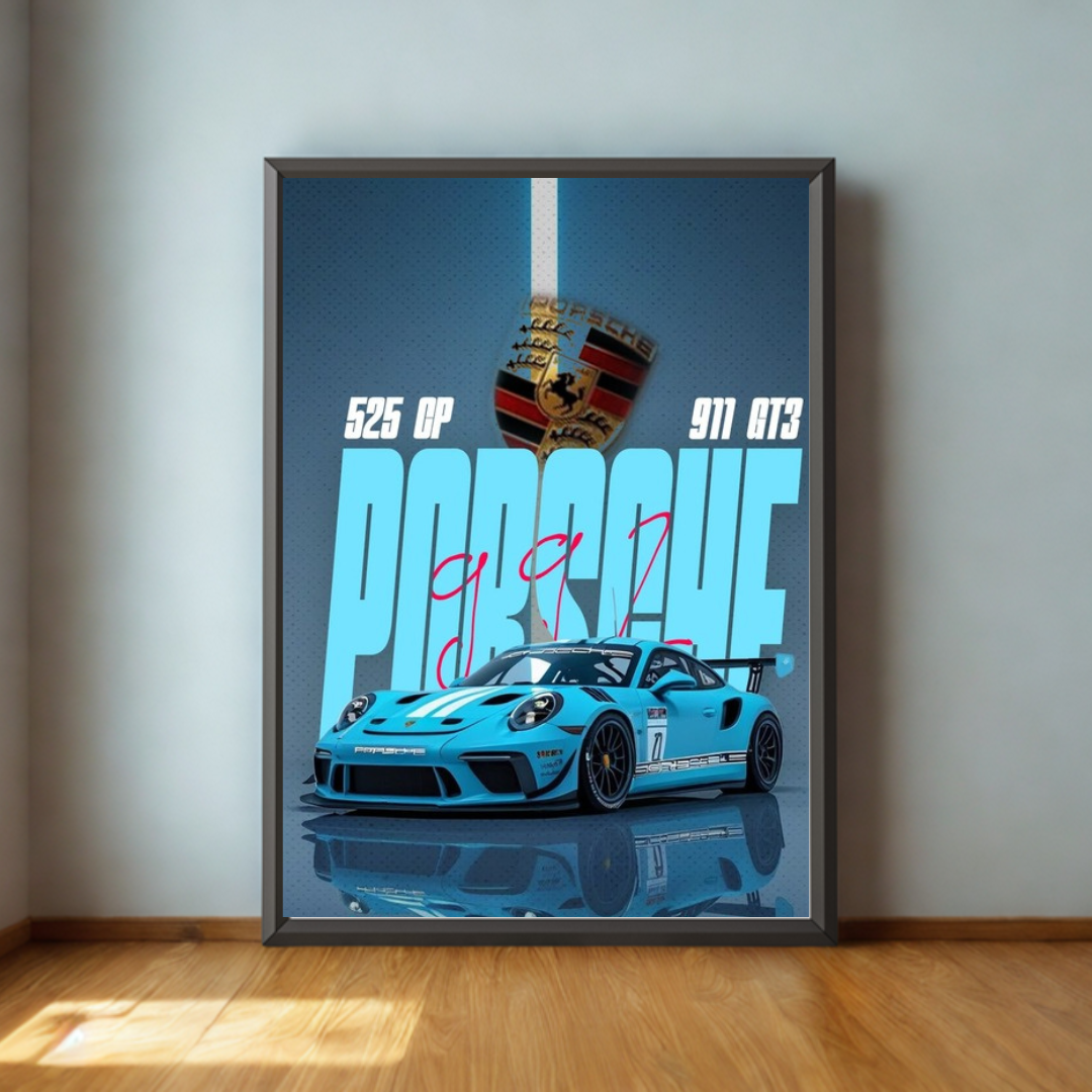 Framed poster of a blue Porsche car with racing details on a light gray wall.