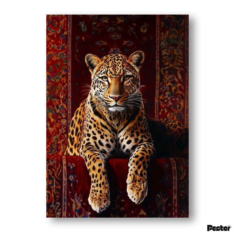 Leopard on a patterned rug with 'Foster' branding