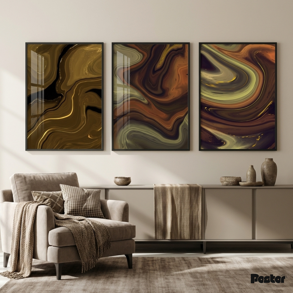 Rich Brown & Gold Marble Fluid Wall Art Set