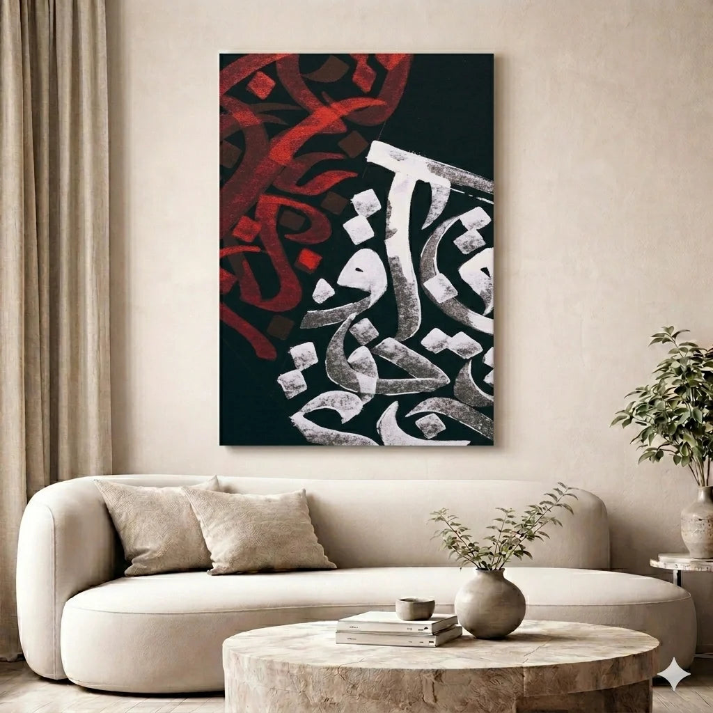 Abstract art piece with red, white, and black colors on a wall above a beige sofa.