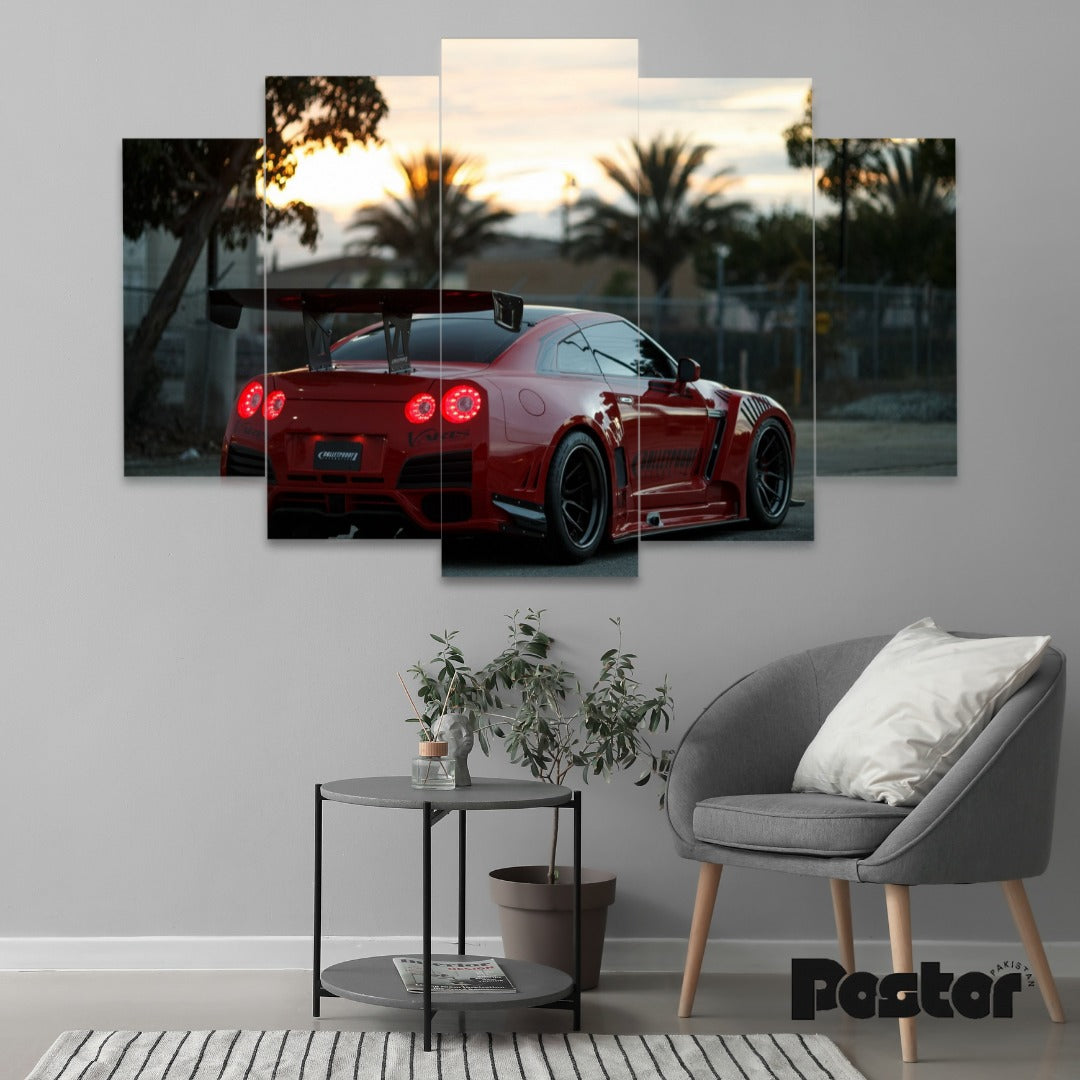 Red Sports Car Sunset 5-Panel Canvas Art - #S007