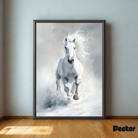 White Horse Galloping Framed Art Poster - #P047