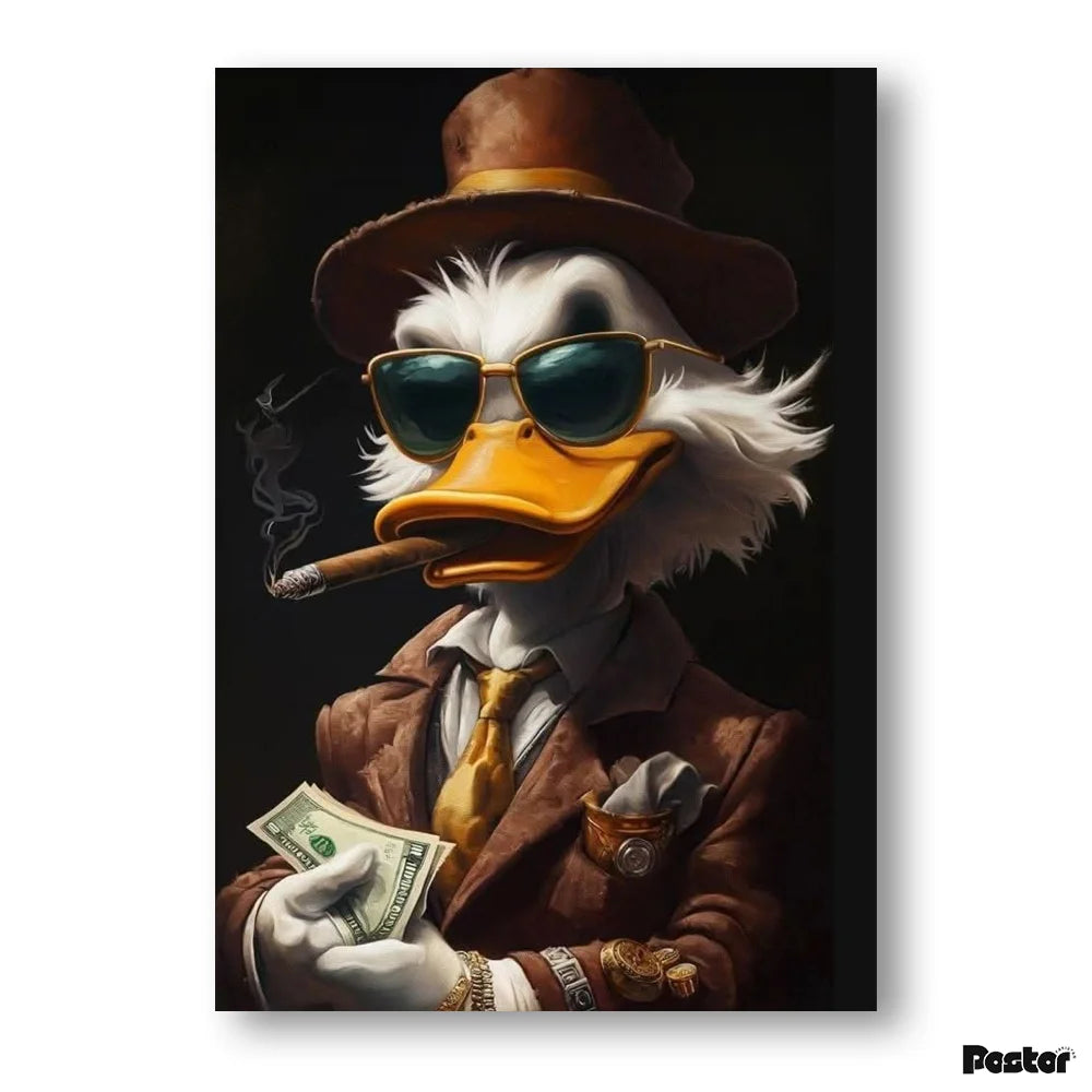 Eagle wearing sunglasses, a hat, and a suit, holding money and smoking a cigar on a dark background.