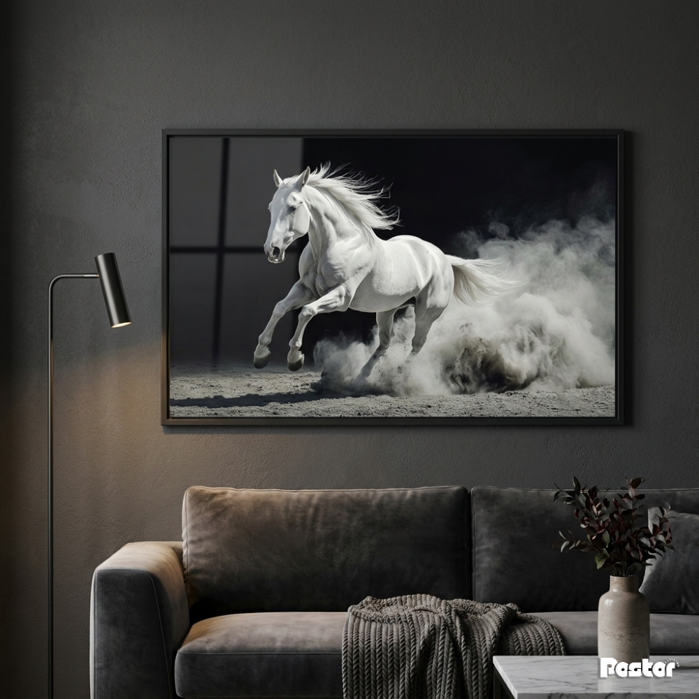 White Horse Galloping Through Dust & Smoke on Black Background