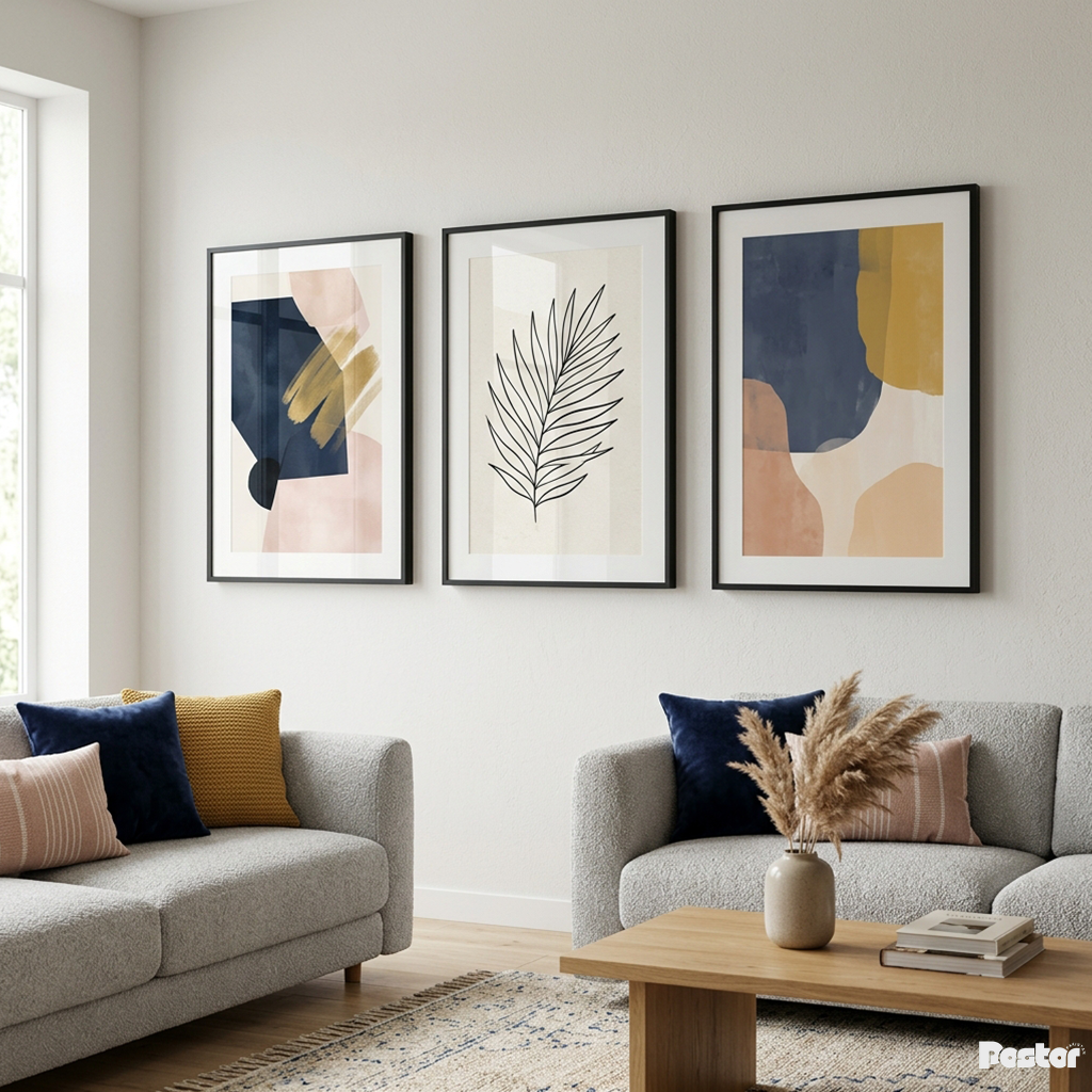 Azure & Earth: 3-Piece Minimalist Fern & Watercolor Abstract Set