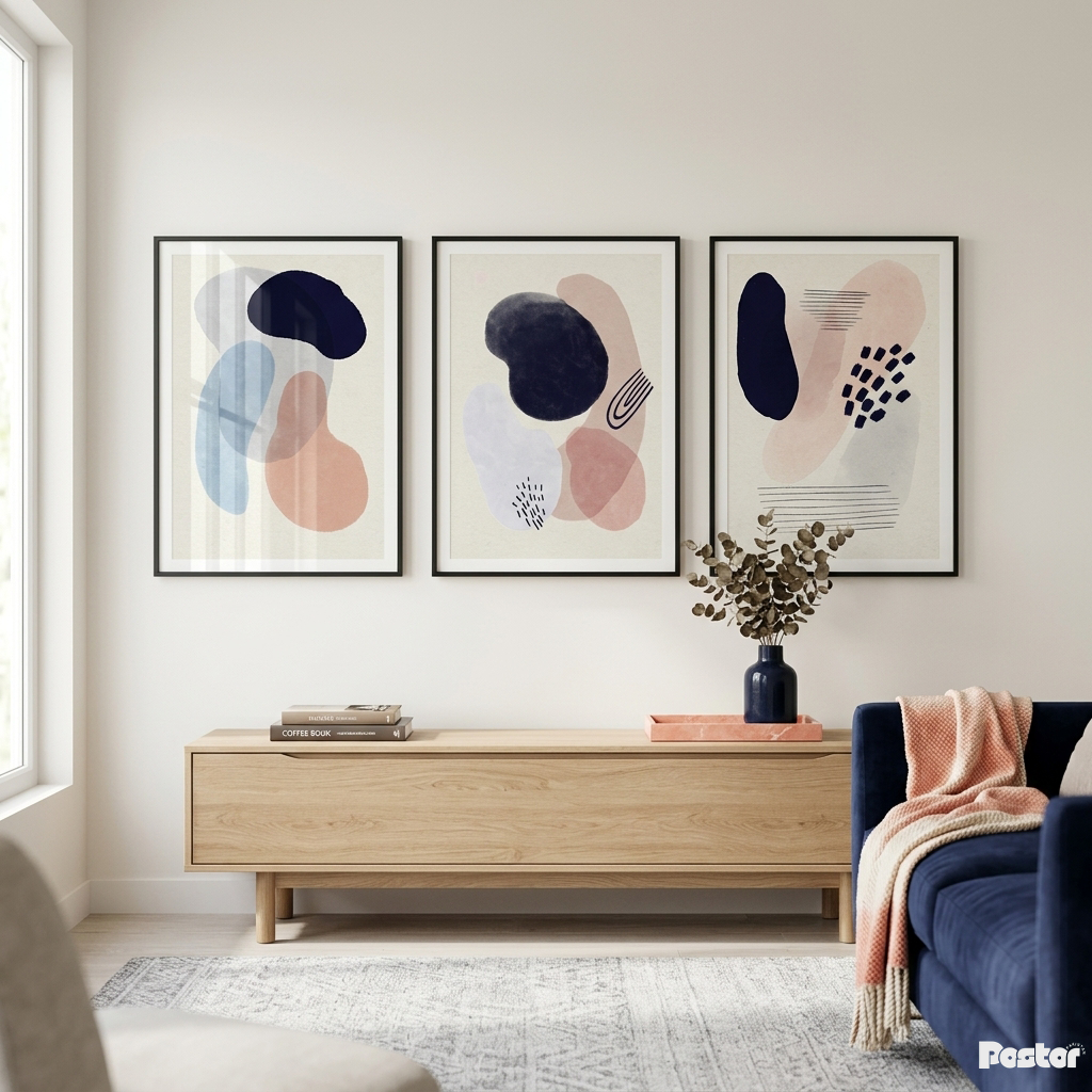 Pastel Pulse: 3-Piece Minimalist Navy & Blush Organic Abstract Set