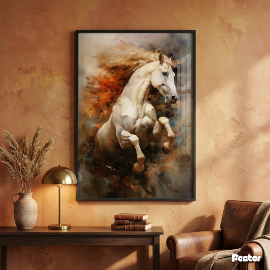 White Horse Rearing in Vivid Abstract Fire & Color Splash