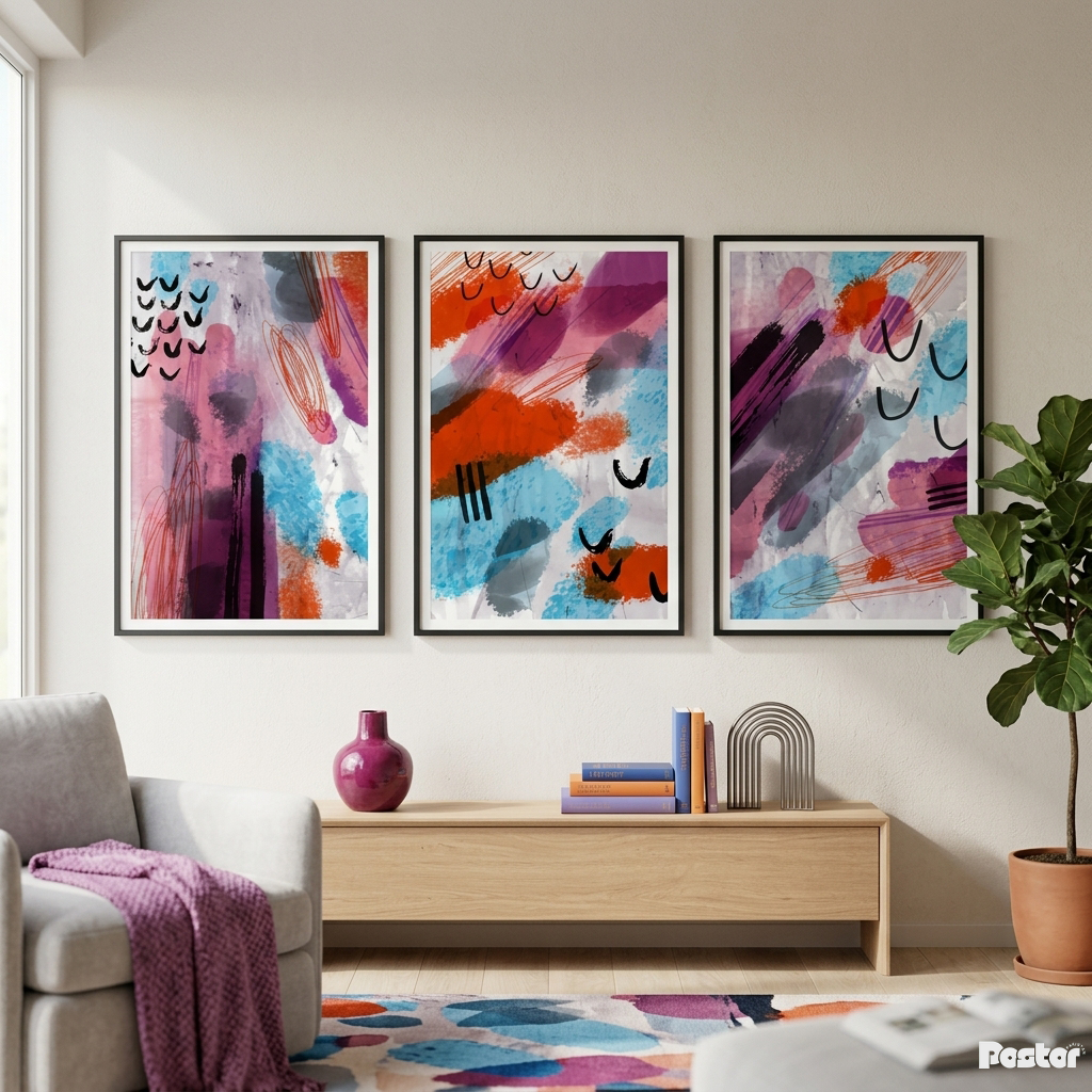 Vivid Energy: 3-Piece Expressionist Magenta and Sky Blue Abstract Set