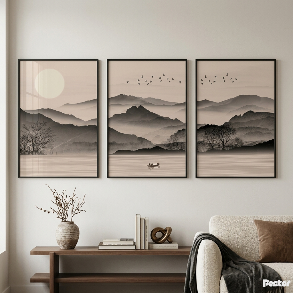 Ink & Mist: Traditional-Style 3-Piece Landscape Silhouette Posters