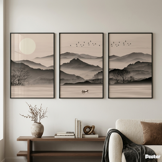 Ink & Mist: Traditional-Style 3-Piece Landscape Silhouette Posters