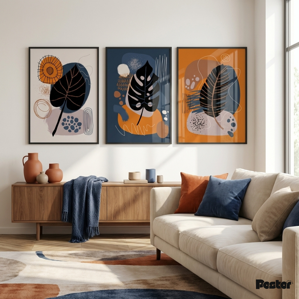 Navy, Orange & Botanical Leaf Abstract Wall Art Set