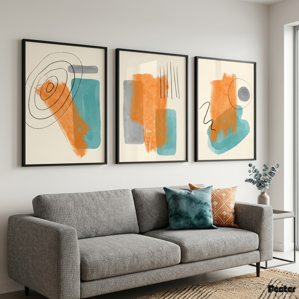 Vibrant Fusion: 3-Piece Teal and Burnt Orange Expressionist Abstract Set