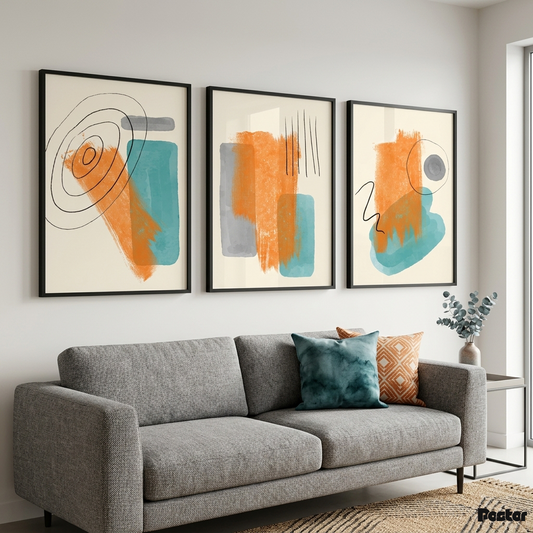 Vibrant Fusion: 3-Piece Teal and Burnt Orange Expressionist Abstract Set