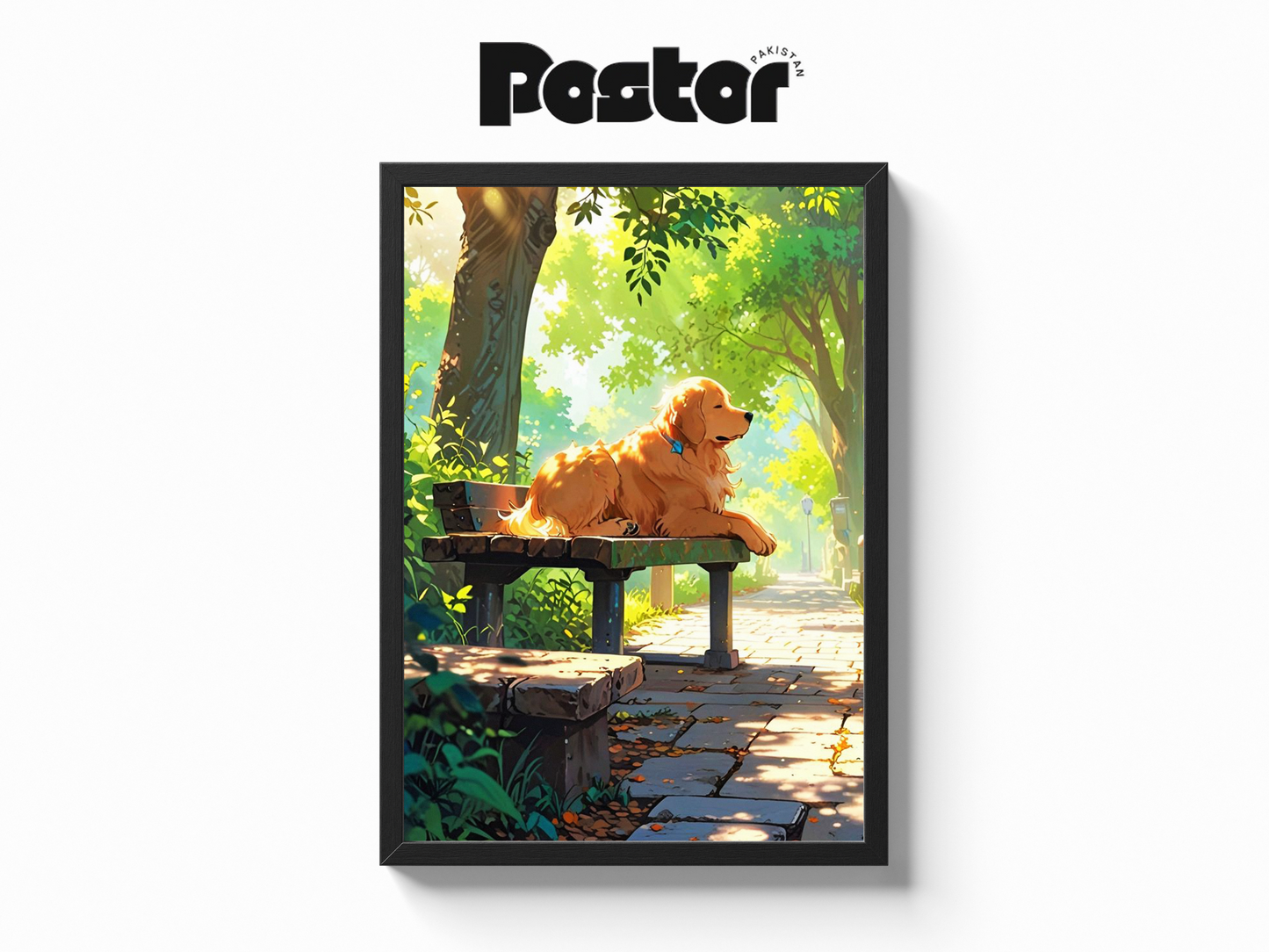 Golden Retriever on Park Bench Art Framed Poster - #P013