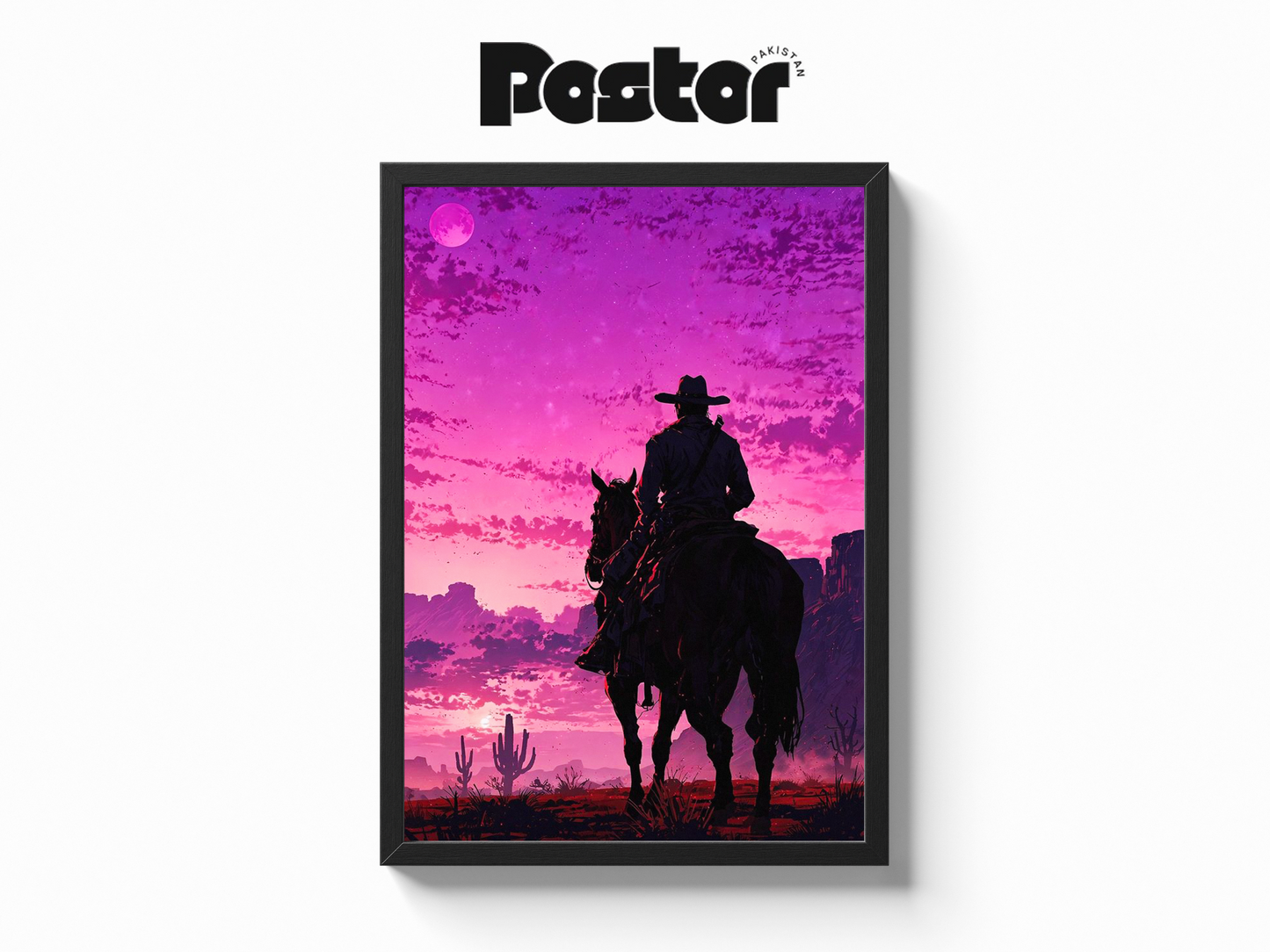 Cowboy on Horseback at Sunset Framed Art Poster - #P019