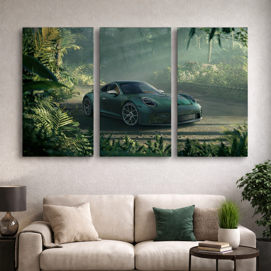 Porsche in Green Forest - 3 Panel Wall Art - #3SA020