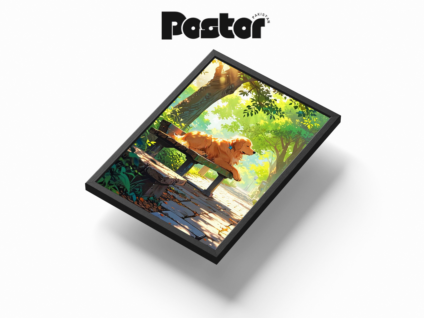 Golden Retriever on Park Bench Art Framed Poster - #P013