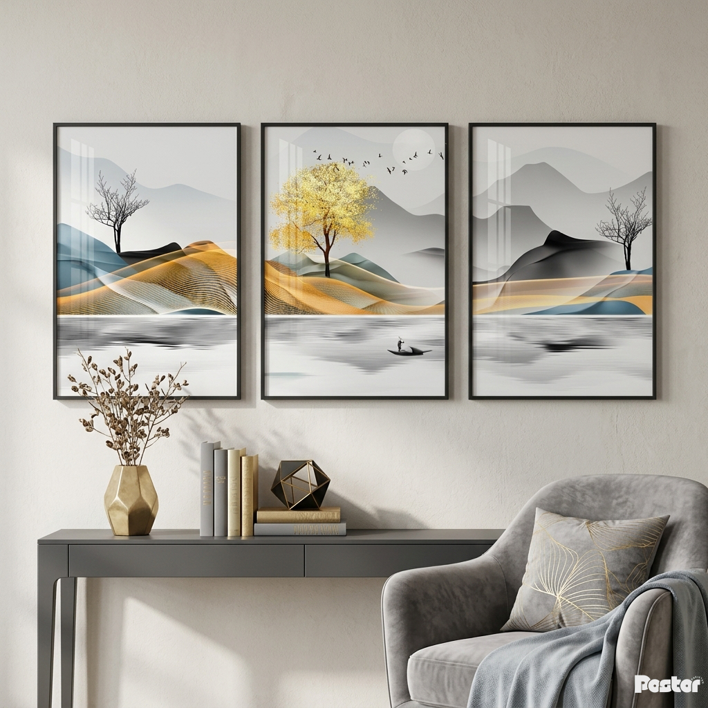 Golden Horizon: 3-Piece Majestic Mountain & Lake Abstract Art Set