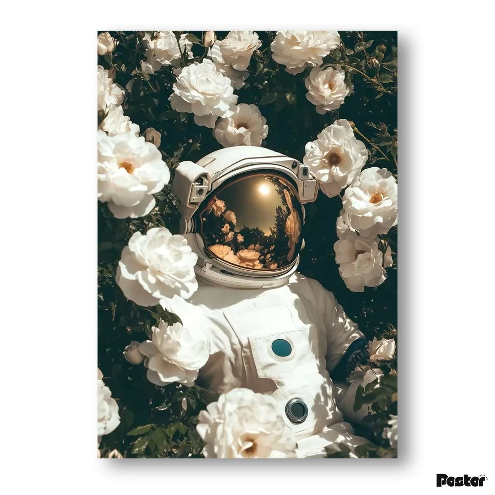 Astronaut Resting in White Rose Garden