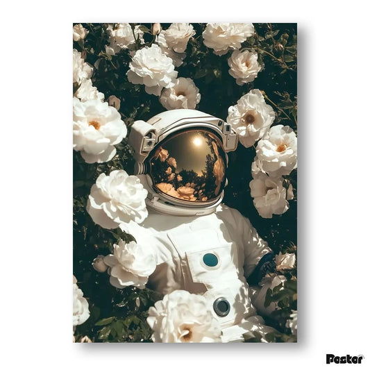 Astronaut Resting in White Rose Garden