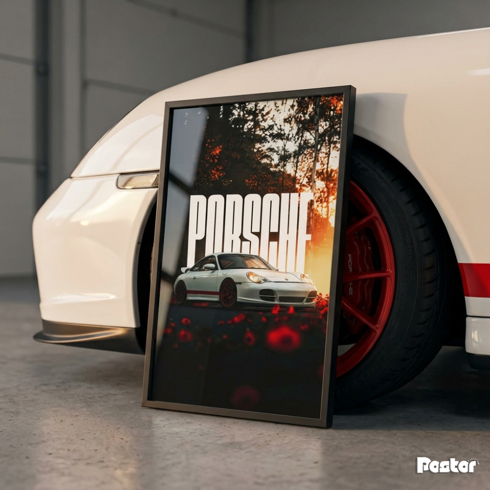 White Porsche 996 GT3 RS in Golden Forest Sunset