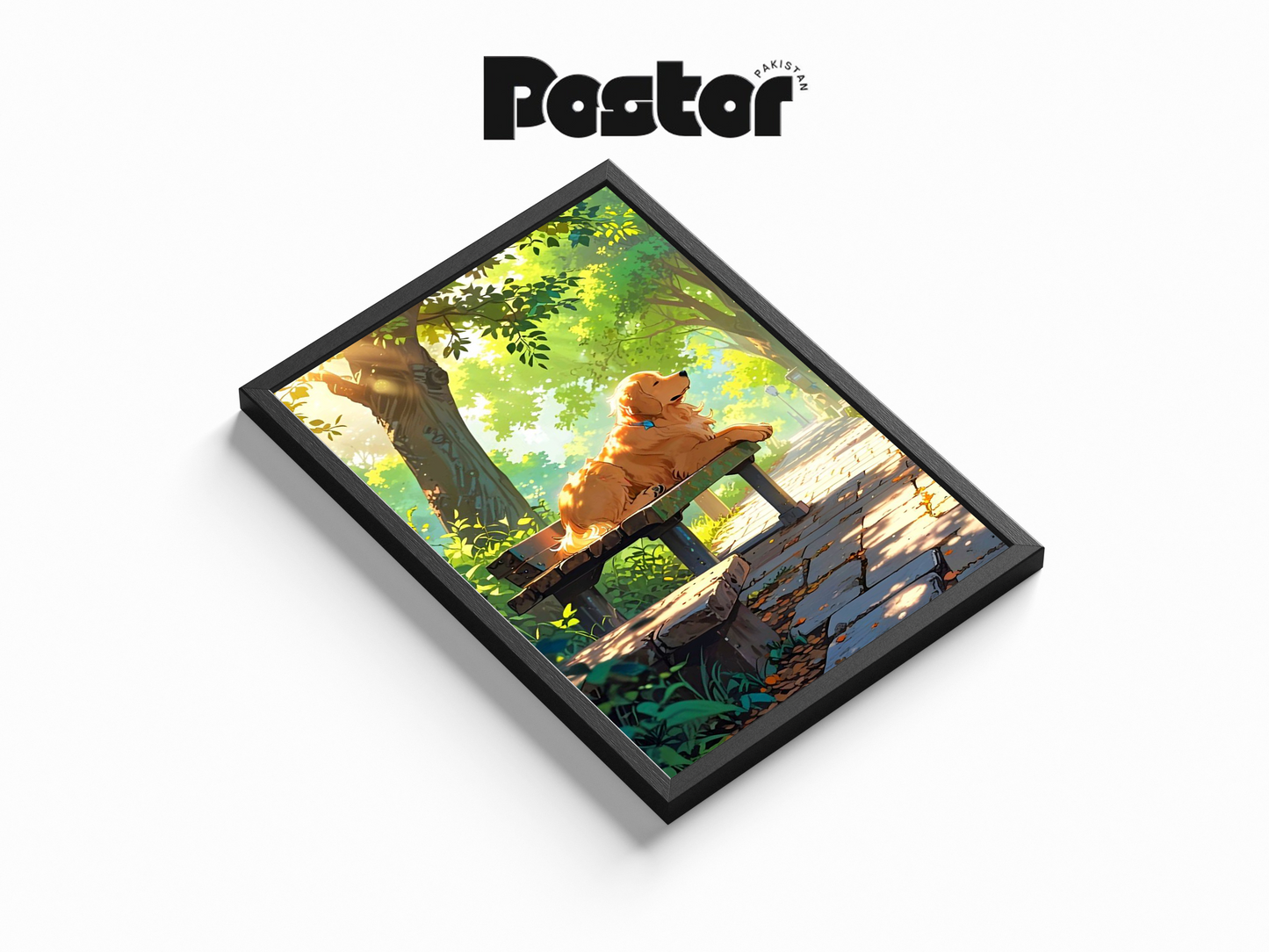 Golden Retriever on Park Bench Art Framed Poster - #P013